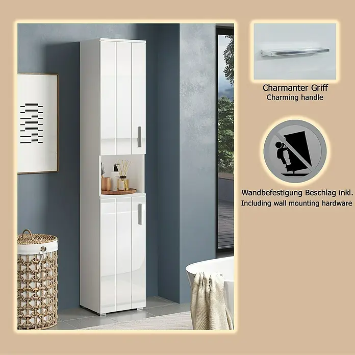 Trendteam Wons Hochschrank - 37 x 31 x 192 cm, Weiß - Hoher weißer Hochglanz-Badezimmerschrank mit offenem Fach, inklusive Wandbefestigung.