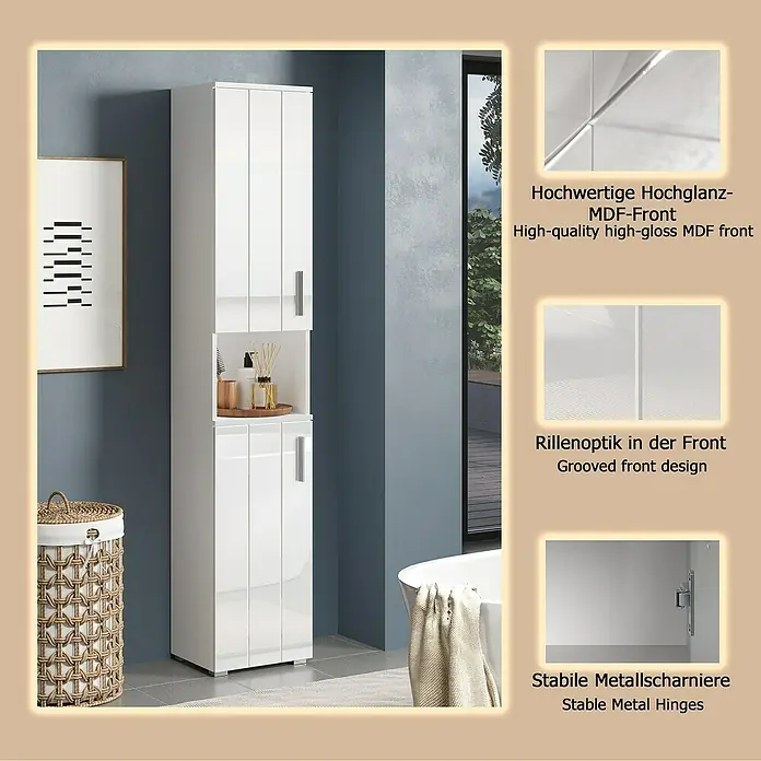 Trendteam Wons Hochschrank - 37 x 31 x 192 cm, Weiß - Hoher weißer Hochglanz-MDF-Badezimmerschrank mit gerillten Fronten und Metallscharnieren, inklusive offener Mittelablage, in einem modernen Badezimmer.