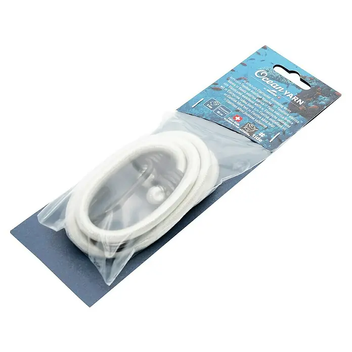 OceanYarn Gummispannseil OCEANYARN - Länge: 80 mm, Durchmesser: 8 mm, Weiß - Weißes Gummiband (8mm x 80cm) in transparenter Verpackung mit „Ocean YARN“ Branding.