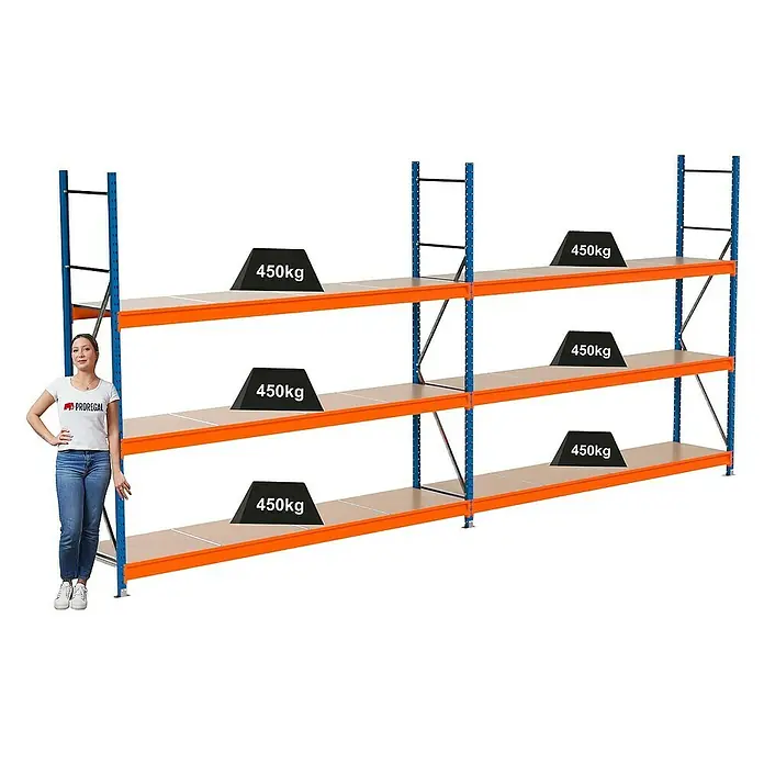 Proregal Schwerlastregal Industrie Weitspannregal MAXIMUS Pro - H x B x T: 250 x 560 x 60 cm, Traglast pro Boden: 450 kg, Anzahl Böden: 3 Stk., Stecken, Blau/Orange