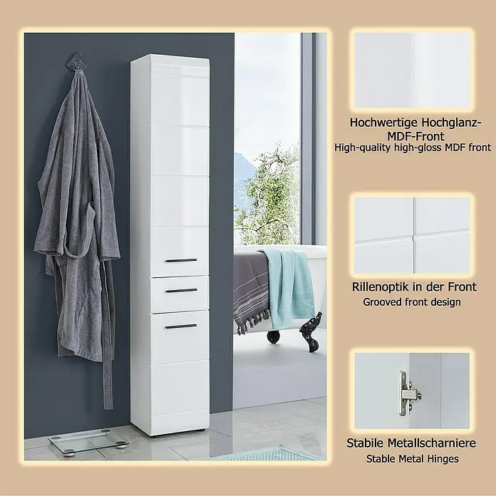 Trendteam Skin Hochschrank - 30 x 31 x 182 cm, Weiß - Hoher weißer Hochglanz-MDF-Badezimmerschrank mit gerillten Fronten und stabilen Metallscharnieren.