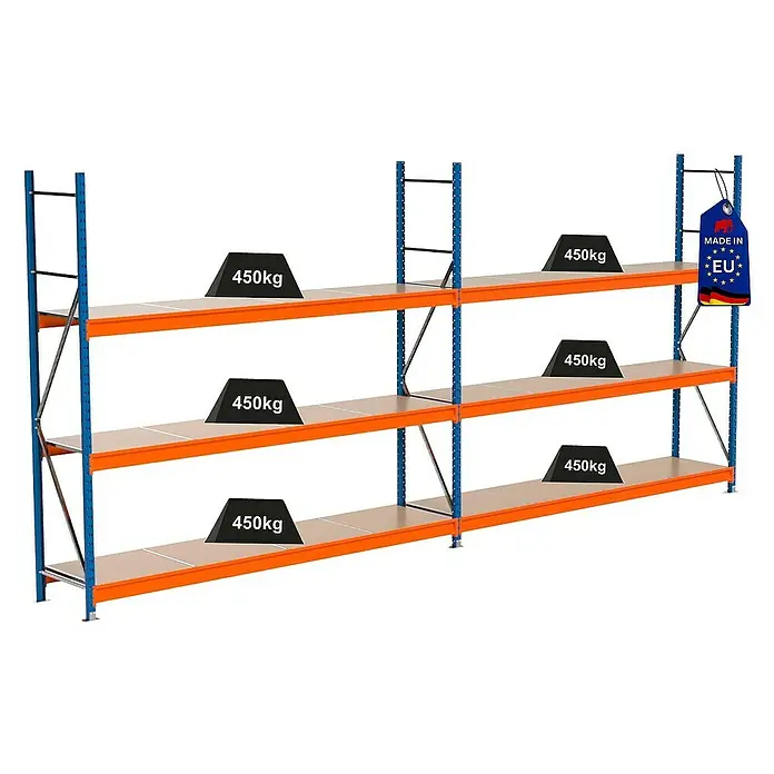 Proregal Schwerlastregal Industrie Weitspannregal MAXIMUS Pro - H x B x T: 250 x 560 x 60 cm, Traglast pro Boden: 450 kg, Anzahl Böden: 3 Stk., Stecken, Blau/Orange