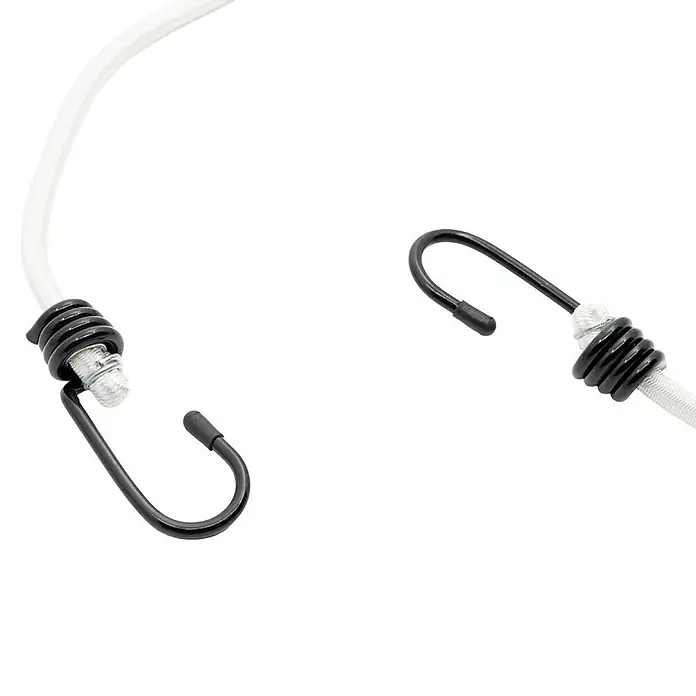 OceanYarn Gummispannseil OCEANYARN - Länge: 80 mm, Durchmesser: 8 mm, Weiß - Weißes Spanngummi mit schwarzen Haken und Metallbefestigungen.