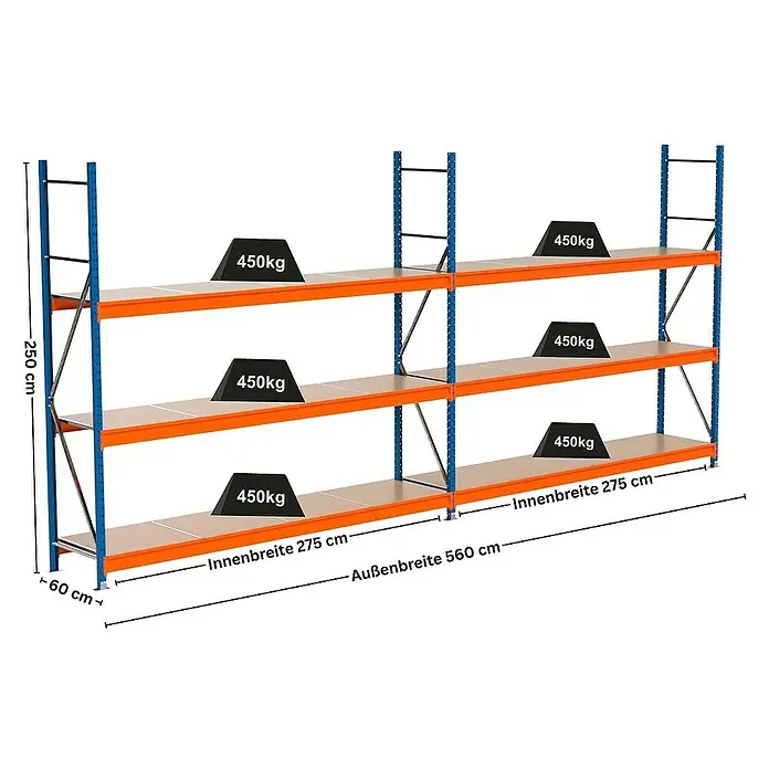 Proregal Schwerlastregal Industrie Weitspannregal MAXIMUS Pro - H x B x T: 250 x 560 x 60 cm, Traglast pro Boden: 450 kg, Anzahl Böden: 3 Stk., Stecken, Blau/Orange