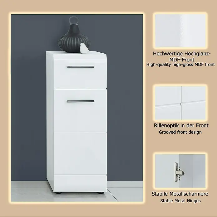 Trendteam Skin Unterschrank - 30 x 31 x 79 cm, Weiß - Weißer Hochglanz-MDF-Hochschrank mit zwei Schubladen und einer gerillten Tür, ausgestattet mit stabilen Metallscharnieren.