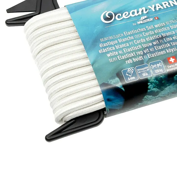 OceanYarn PP-Seil OCEANYARN - Länge: 10 mm, Durchmesser: 6 mm, Belastbarkeit: 120 kg, Weiß - Weißes Elastikseil, 6mm x 10m, 120kg Tragkraft, auf schwarzem Halter mit blauer Verpackung.