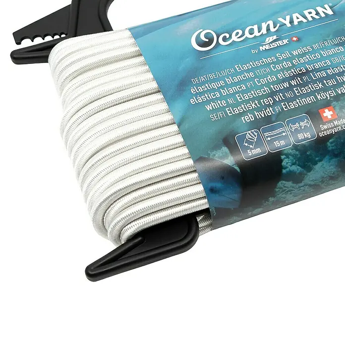 OceanYarn PP-Seil OCEANYARN - Länge: 15 m, Durchmesser: 5 mm, Belastbarkeit: 80 kg, Weiß - Weißes 5mm Gummiseil, 15m lang, auf schwarzem Kunststoffwickler mit gezackter Kante. Marke Ocean YARN by MEISTER.