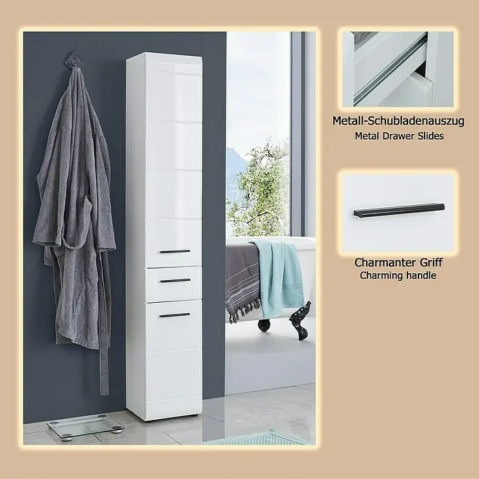 Trendteam Skin Hochschrank - 30 x 31 x 182 cm, Weiß - Hoher weißer Badschrank mit schwarzen Griffen, bietet vertikalen Stauraum im modernen Badezimmer.