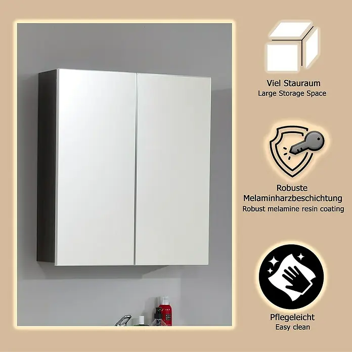 Trendteam Line Spiegelschrank - B x H: 60 x 67 cm, Ohne Beleuchtung, Holz, Sardegna Rauchsilber - Weißer Wandschrank mit zwei Spiegeltüren, bietet viel Stauraum.