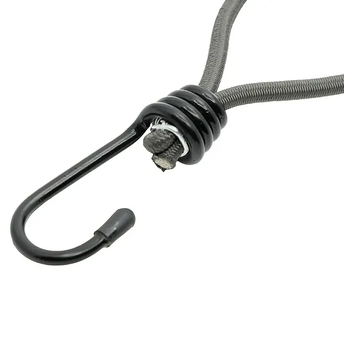 OceanYarn S-Haken OCEANYARN - Länge: 10 cm, Durchmesser: 6 mm, Schwarz - Schwarzer Metallhaken an einem grauen Gummiseil.