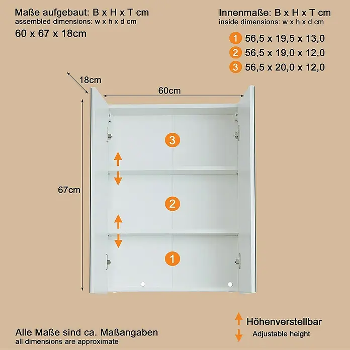 Trendteam Skin Spiegelschrank - B x H: 60 x 67 cm, Ohne Beleuchtung, Holz, Weiß - Weißer Wandschrank mit zwei offenen Türen, zeigt drei verstellbare Einlegeböden.