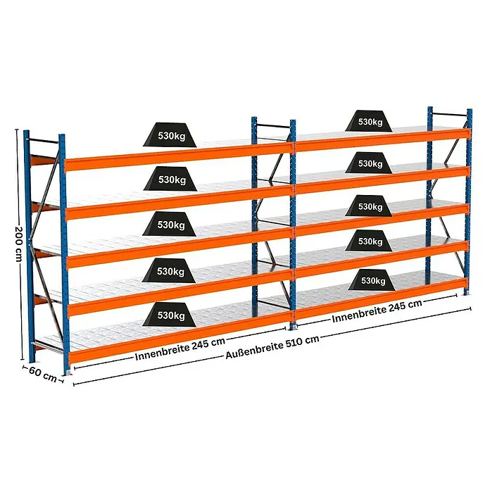Proregal Schwerlastregal Industrie Weitspannregal MAXIMUS Pro - H x B x T: 200 x 510 x 60 cm, Traglast pro Boden: 530 kg, Anzahl Böden: 5 Stk., Stecken, Blau/Orange