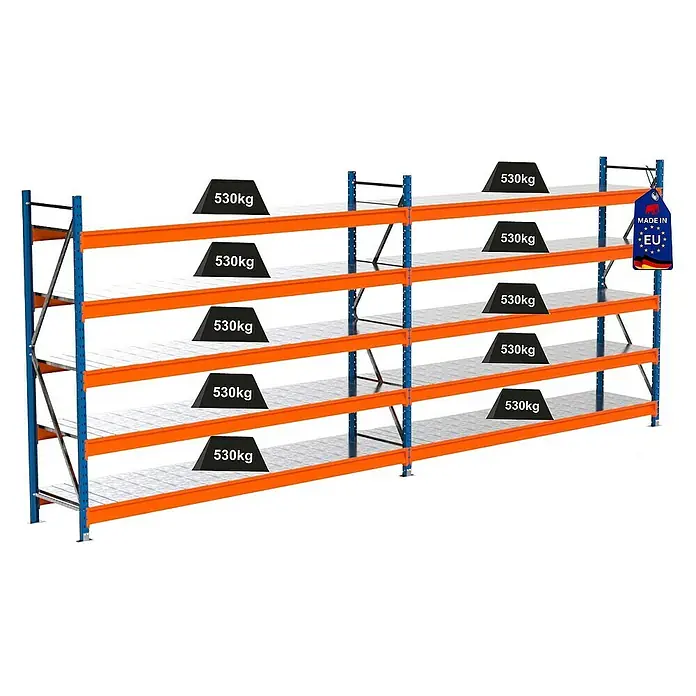 Proregal Schwerlastregal Industrie Weitspannregal MAXIMUS Pro - H x B x T: 200 x 510 x 60 cm, Traglast pro Boden: 530 kg, Anzahl Böden: 5 Stk., Stecken, Blau/Orange
