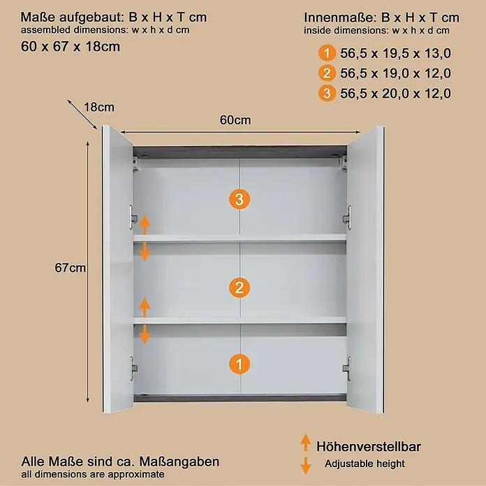 Trendteam Line Spiegelschrank - B x H: 60 x 67 cm, Ohne Beleuchtung, Holz, Sardegna Rauchsilber - Weißer Wandschrank mit offenen Türen, drei verstellbaren Einlegeböden. Maße und Innenmaße sind angegeben.