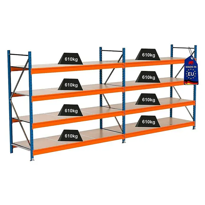 Proregal Schwerlastregal Industrie Weitspannregal MAXIMUS Pro - H x B x T: 200 x 460 x 80 cm, Traglast pro Boden: 610 kg, Anzahl Böden: 4 Stk., Stecken, Blau/Orange