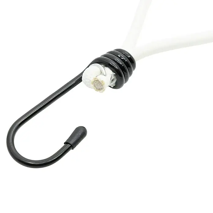 OceanYarn S-Haken OCEANYARN - Länge: 10 cm, Durchmesser: 6 mm, Weiß - Schwarzer Metallhaken an weißer Gummischnur befestigt, mit sichtbarem Faserkern der Schnur.