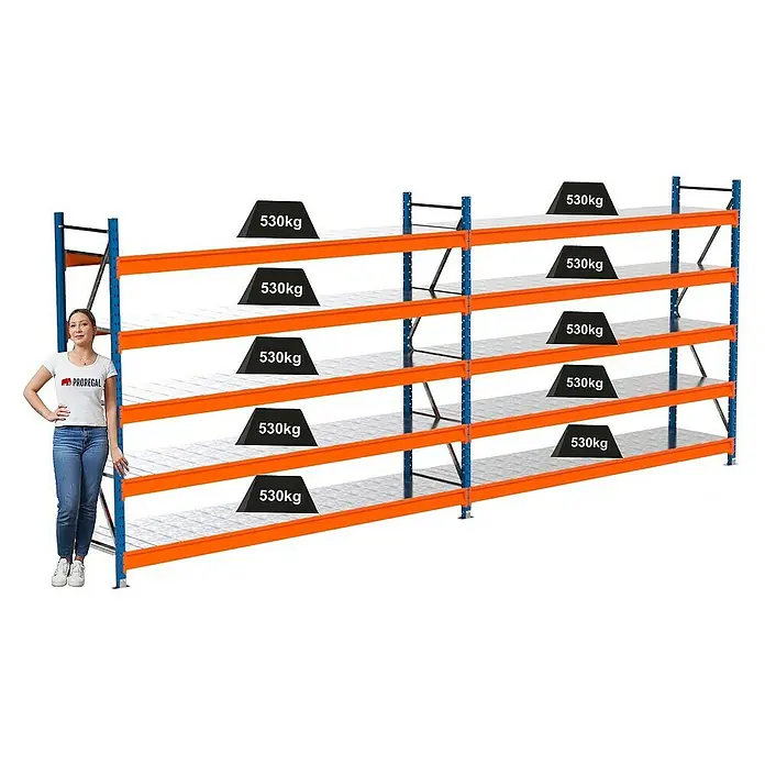 Proregal Schwerlastregal Industrie Weitspannregal MAXIMUS Pro - H x B x T: 200 x 510 x 60 cm, Traglast pro Boden: 530 kg, Anzahl Böden: 5 Stk., Stecken, Blau/Orange