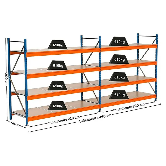 Proregal Schwerlastregal Industrie Weitspannregal MAXIMUS Pro - H x B x T: 200 x 460 x 80 cm, Traglast pro Boden: 610 kg, Anzahl Böden: 4 Stk., Stecken, Blau/Orange