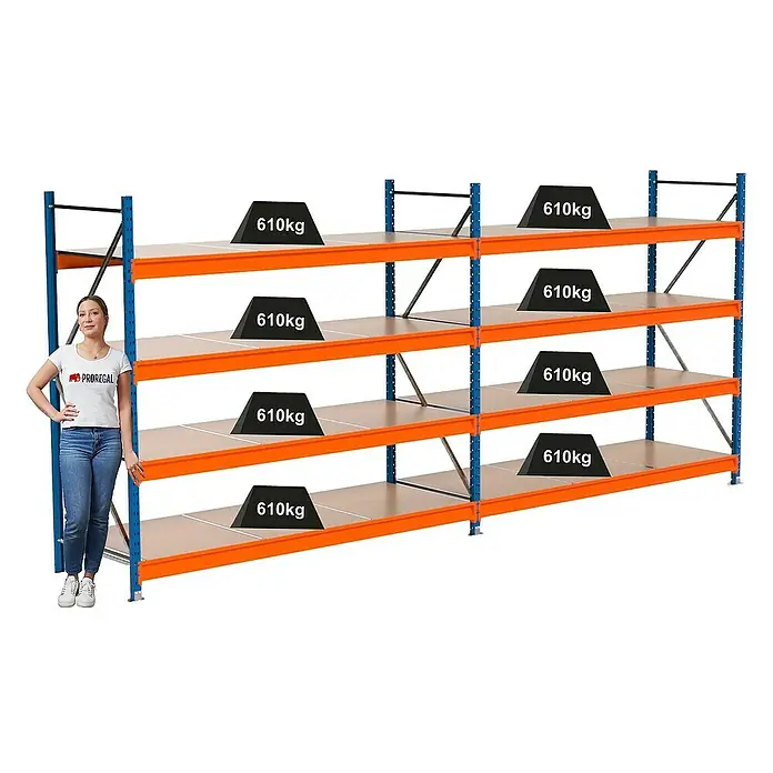 Proregal Schwerlastregal Industrie Weitspannregal MAXIMUS Pro - H x B x T: 200 x 460 x 80 cm, Traglast pro Boden: 610 kg, Anzahl Böden: 4 Stk., Stecken, Blau/Orange