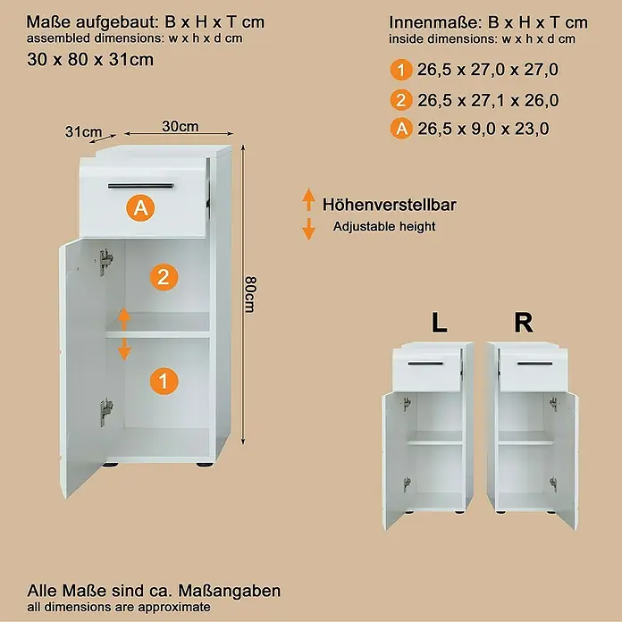 Trendteam Skin Unterschrank - 30 x 31 x 79 cm, Weiß - Weißer Schrank mit einer oberen Schublade und einem unteren Fach mit verstellbarem Einlegeboden.