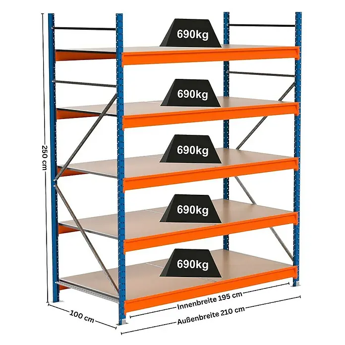 Proregal Schwerlastregal Industrie Weitspannregal MAXIMUS Pro - H x B x T: 250 x 210 x 100 cm, Traglast pro Boden: 690 kg, Anzahl Böden: 5 Stk., Stecken, Blau/Orange