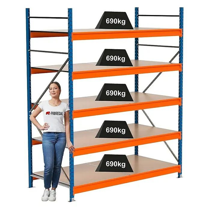 Proregal Schwerlastregal Industrie Weitspannregal MAXIMUS Pro - H x B x T: 250 x 210 x 100 cm, Traglast pro Boden: 690 kg, Anzahl Böden: 5 Stk., Stecken, Blau/Orange