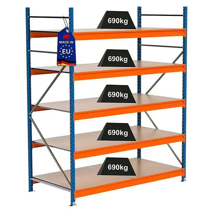 Proregal Schwerlastregal Industrie Weitspannregal MAXIMUS Pro - H x B x T: 250 x 210 x 100 cm, Traglast pro Boden: 690 kg, Anzahl Böden: 5 Stk., Stecken, Blau/Orange
