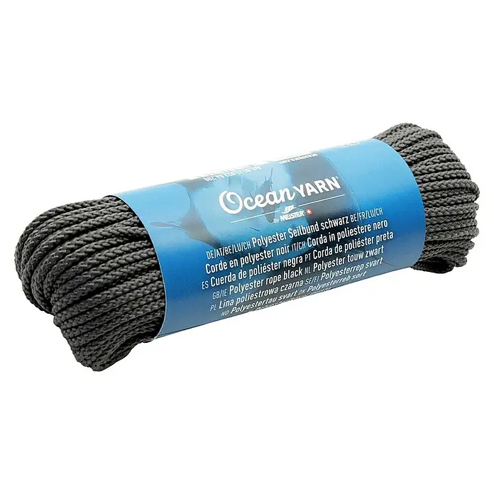 OceanYarn Polyester-Seil OCEANYARN - Länge: 20 m, Durchmesser: 2 mm, Schwarz - Schwarzes Polyesterseil auf einer Rolle, beschriftet mit 'Ocean Yarn'.