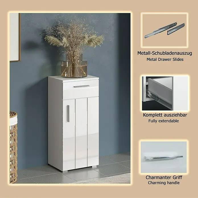 Trendteam Wons Unterschrank - 37 x 31 x 83 cm, Weiß - Weißer Schrank mit einer voll ausziehbaren Schublade und zwei Türen, ausgestattet mit Metallauszügen und elegantem Griff.