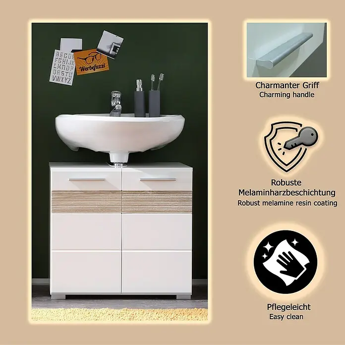 Trendteam Mezzo Waschtischunterschrank - 60 x 34 x 56 cm, Weiß/Eiche Sägerau hell, Glänzend - Weißer Badunterschrank mit Waschbecken, Holzdekor und silbernen Griffen, in einem Badezimmer. Mit robuster, pflegeleichter Melaminharzbeschichtung.