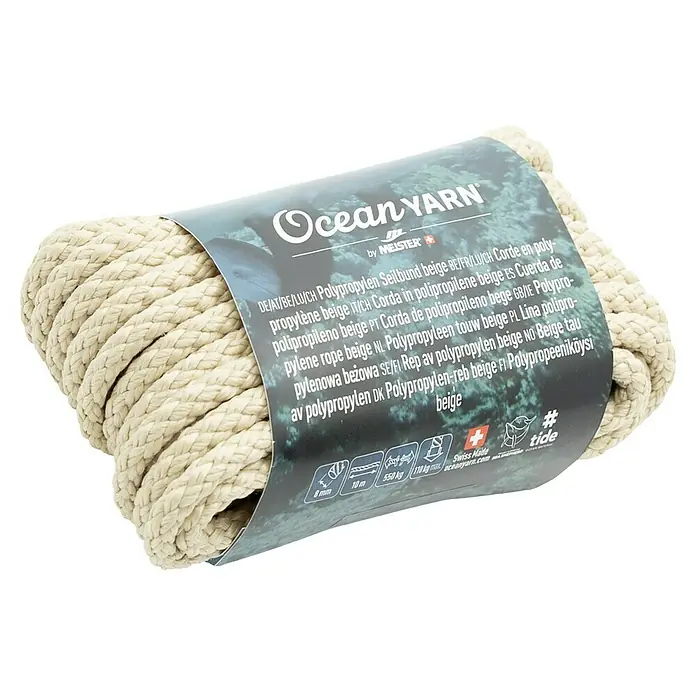 OceanYarn PP-Seil OCEANYARN - Länge: 10 m, Durchmesser: 8 mm, Belastbarkeit: 550 kg, Beige - Beigefarbenes Polypropylen-Seil, 8 mm x 10 m, von Ocean Yarn. Bruchlast 550 kg.