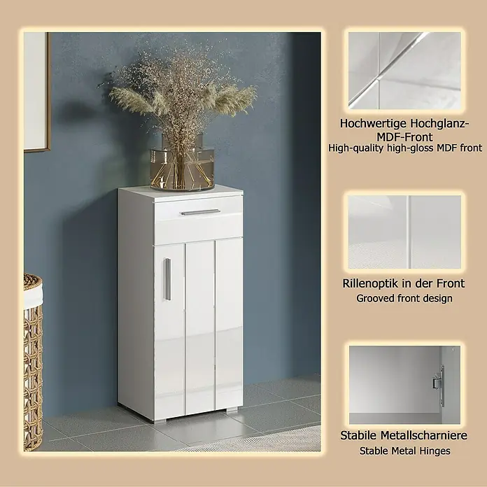 Trendteam Wons Unterschrank - 37 x 31 x 83 cm, Weiß - Weißer Hochglanz-MDF-Aufbewahrungsschrank mit Schublade und gerillten Türen, in Raumeinstellung.