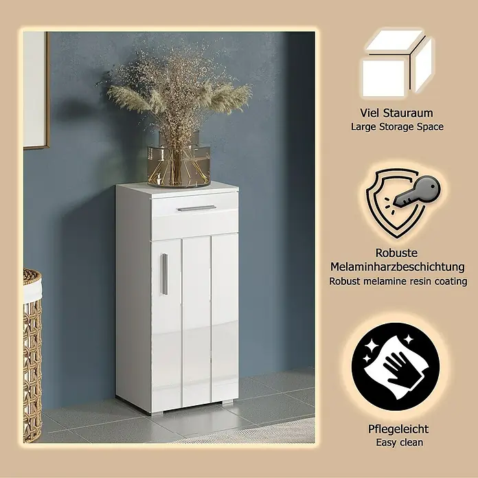 Trendteam Wons Unterschrank - 37 x 31 x 83 cm, Weiß - Weißer Hochglanz-Schrank mit einer Schublade und zwei Türen, in einem Raum stehend.