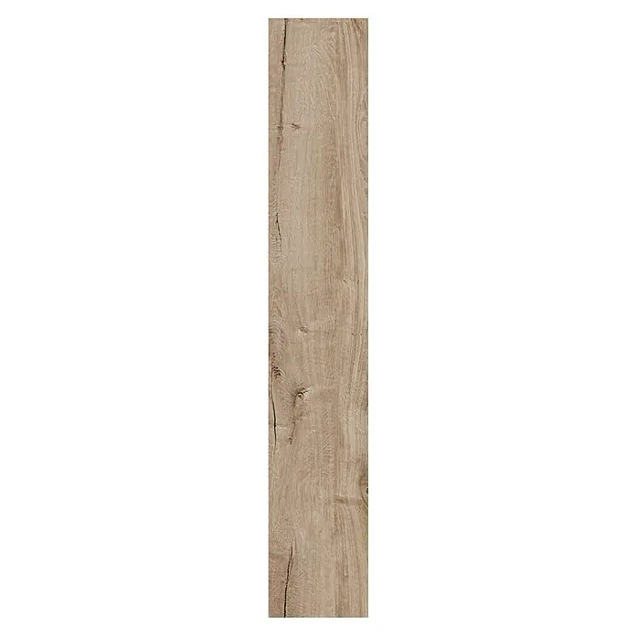 Feinsteinzeugfliese Essenza - 20 x 120 cm, Fango, Matt - Hellbraune Holzdiele mit ausgeprägter Maserung, natürlichen Variationen und subtilen Ästen, geeignet für Böden oder Wandverkleidungen.