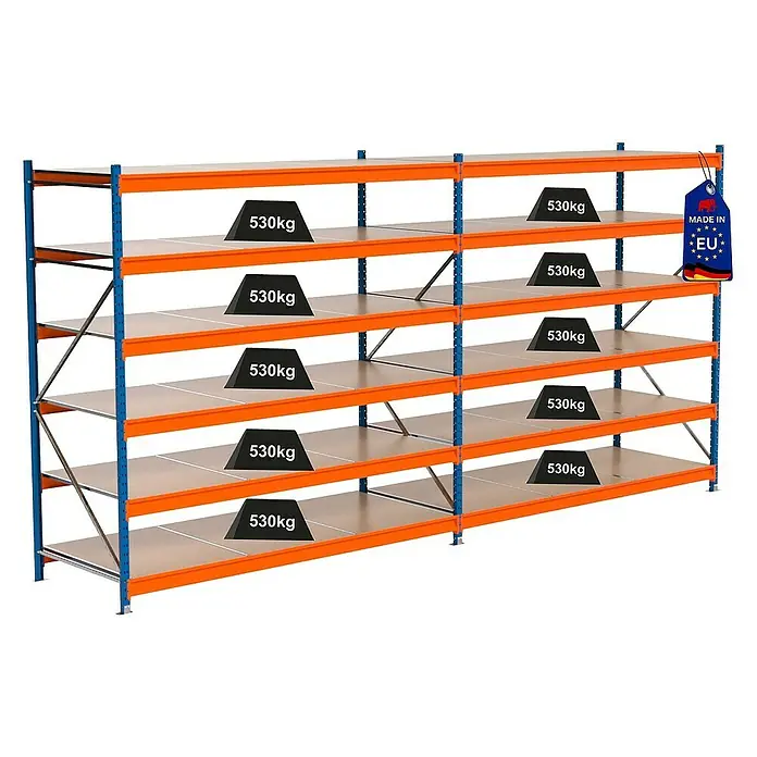 Proregal Schwerlastregal Industrie Weitspannregal MAXIMUS Pro - H x B x T: 250 x 510 x 100 cm, Traglast pro Boden: 530 kg, Anzahl Böden: 6 Stk., Stecken, Blau/Orange