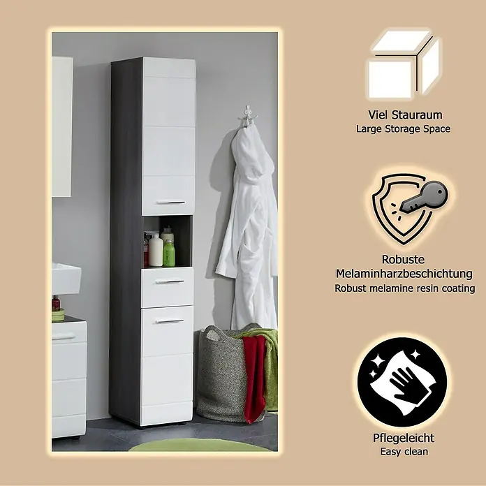 Trendteam Line Hochschrank - 30 x 31 x 182 cm, Sardegna Silber/Weiß - Hoher weiß-dunkelgrauer Badezimmerschrank mit mehreren Ablagen und Schubladen, neben einem Waschbeckenunterschrank.