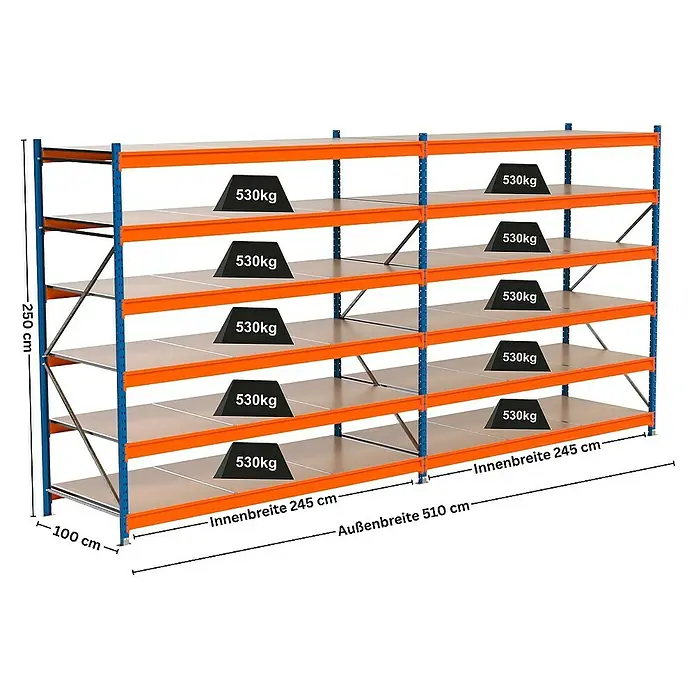 Proregal Schwerlastregal Industrie Weitspannregal MAXIMUS Pro - H x B x T: 250 x 510 x 100 cm, Traglast pro Boden: 530 kg, Anzahl Böden: 6 Stk., Stecken, Blau/Orange