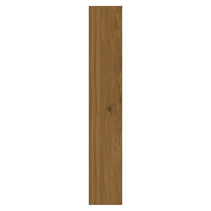 Feinsteinzeugfliese Essenza - 14,5 x 90 cm, Avella, Matt - Lange braune Holzdiele mit natürlicher Maserung und sichtbarem Ast, geeignet für Böden oder Verkleidungen.