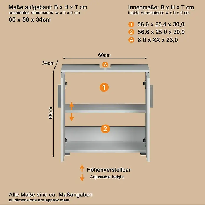 Trendteam Wons Waschtischunterschrank - 60 x 34 x 58 cm, Weiß, Glänzend - Weißes und graues Regal mit zwei verstellbaren Einlegeböden, Maße und Innenabmessungen sind angegeben.