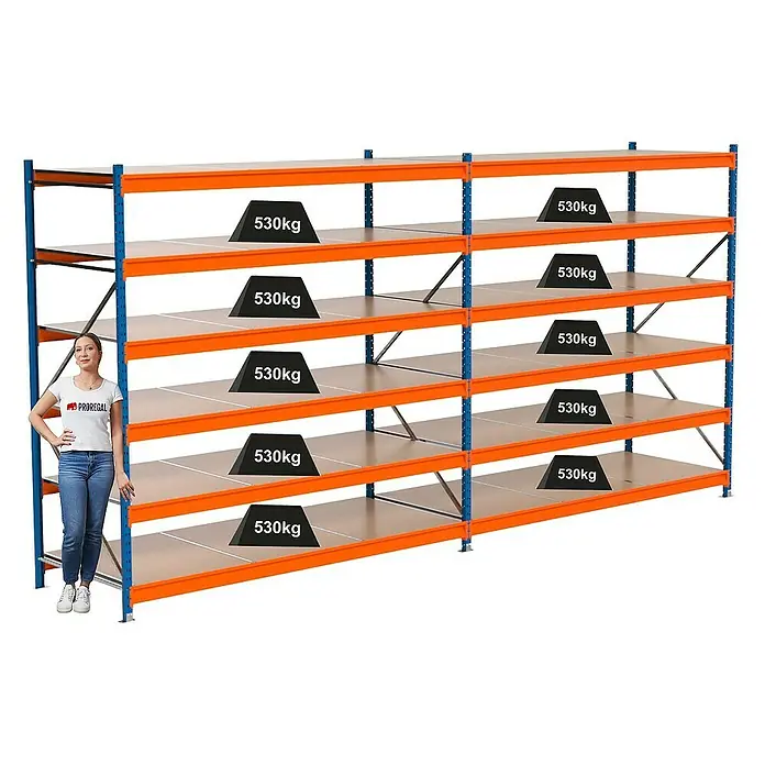 Proregal Schwerlastregal Industrie Weitspannregal MAXIMUS Pro - H x B x T: 250 x 510 x 100 cm, Traglast pro Boden: 530 kg, Anzahl Böden: 6 Stk., Stecken, Blau/Orange