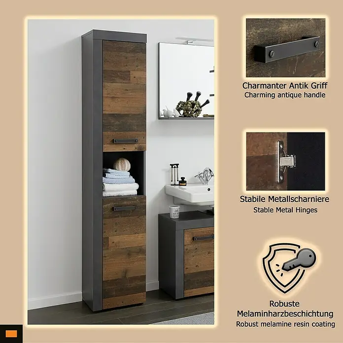 Trendteam Indy Hochschrank - 36 x 31 x 184 cm, Matera/Old Wood - Schlanker Hochschrank und Waschtischunterschrank mit dunkelgrauem Rahmen, Altholz-Fronten und Antikgriffen für das Badezimmer.