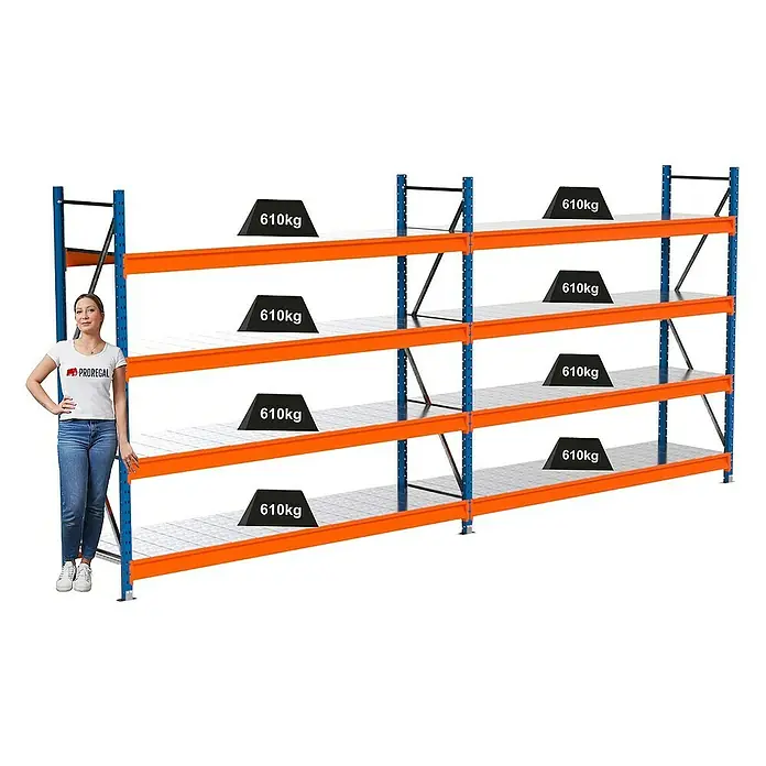 Proregal Schwerlastregal Industrie Weitspannregal MAXIMUS Pro - H x B x T: 200 x 460 x 60 cm, Traglast pro Boden: 610 kg, Anzahl Böden: 4 Stk., Stecken, Blau/Orange