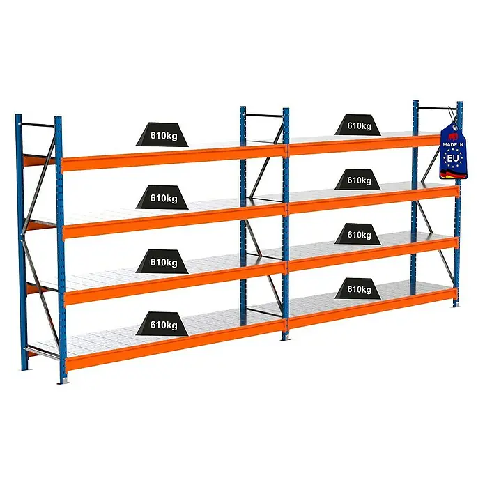Proregal Schwerlastregal Industrie Weitspannregal MAXIMUS Pro - H x B x T: 200 x 460 x 60 cm, Traglast pro Boden: 610 kg, Anzahl Böden: 4 Stk., Stecken, Blau/Orange