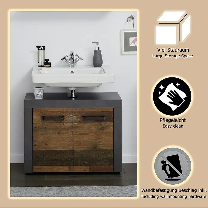 Trendteam Indy Waschtischunterschrank - 72 x 34 x 56 cm, Matera/Old Wood, Matt - Waschtischunterschrank mit weißem Waschbecken, dunkelgrauer Platte und rustikalen Holzschranktüren.