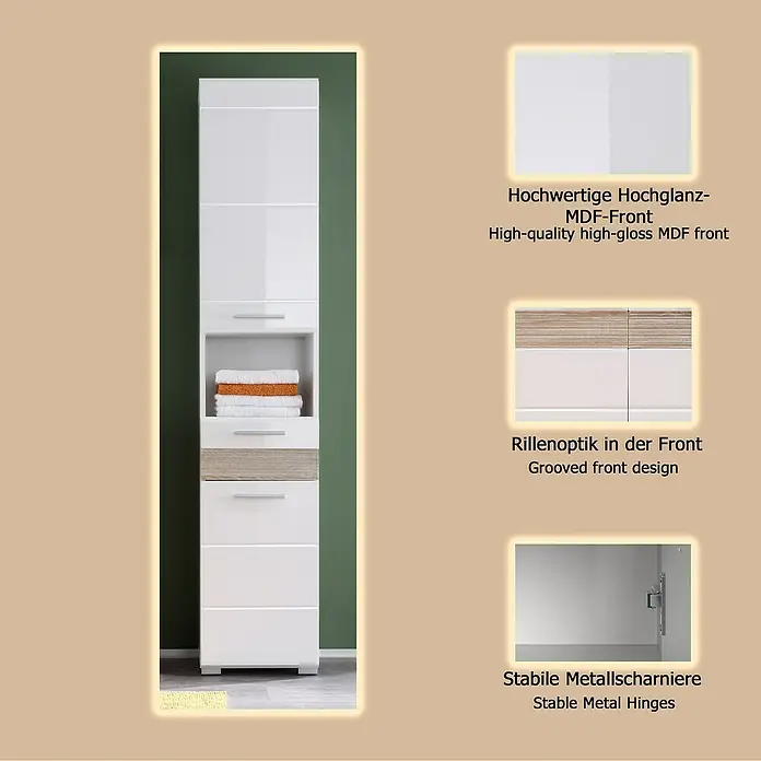 Trendteam Mezzo Bad-Hochschrank - B x T x H: 37 x 31 x 182 cm, Weiß/Eiche Sägerau hell - Weißer Hochglanz-Hochschrank mit Holz-Akzent, Rillenfront, Schubladen und offener Ablage, aus MDF mit stabilen Metallscharnieren.