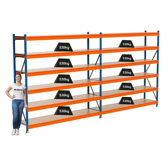 Proregal Schwerlastregal Industrie Weitspannregal MAXIMUS Pro - H x B x T: 250 x 510 x 60 cm, Traglast pro Boden: 530 kg, Anzahl Böden: 6 Stk., Stecken, Blau/Orange