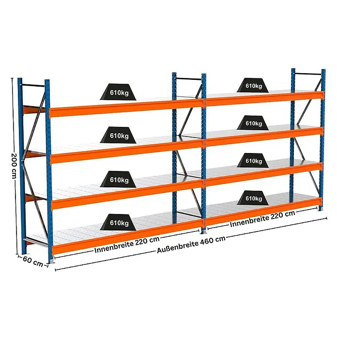 Proregal Schwerlastregal Industrie Weitspannregal MAXIMUS Pro - H x B x T: 200 x 460 x 60 cm, Traglast pro Boden: 610 kg, Anzahl Böden: 4 Stk., Stecken, Blau/Orange
