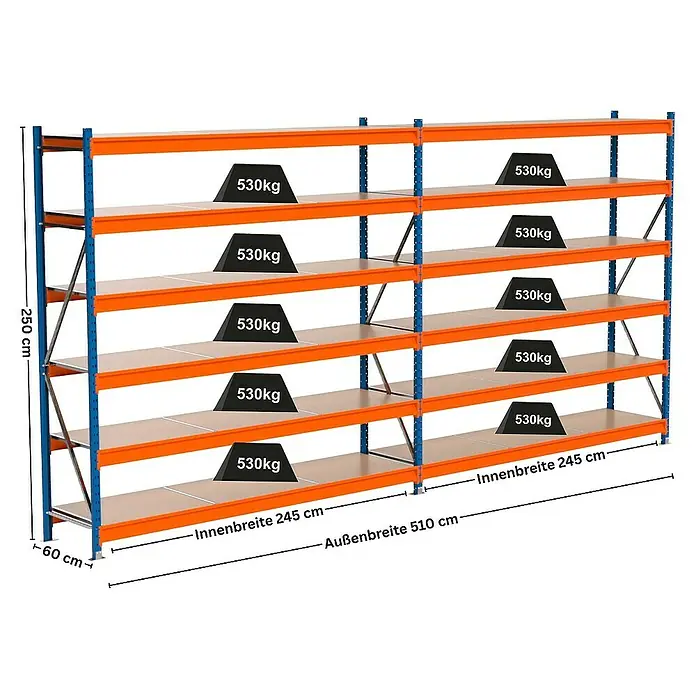 Proregal Schwerlastregal Industrie Weitspannregal MAXIMUS Pro - H x B x T: 250 x 510 x 60 cm, Traglast pro Boden: 530 kg, Anzahl Böden: 6 Stk., Stecken, Blau/Orange