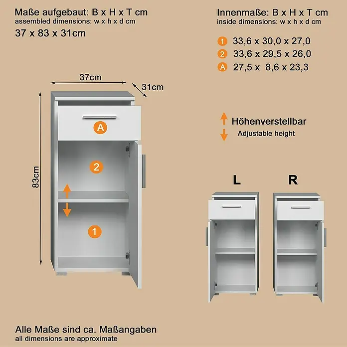 Trendteam Wons Unterschrank - 37 x 31 x 83 cm, Weiß - Weißer Schrank mit Schublade und verstellbarem Regal, Maße 37x83x31cm (BxHxT).