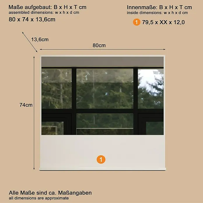 Trendteam Sao Paulo Ablagespiegel - 80 x 14 x 74 cm, Kaschmir - Weißes Glas-Vitrinenregal. Außen: 80x74x13,6cm. Innen: 79,5xXXx12,0cm.